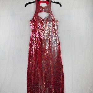 Adrianna Papell Evening Sequin Halter Dress Red Formal Party Maxi P8